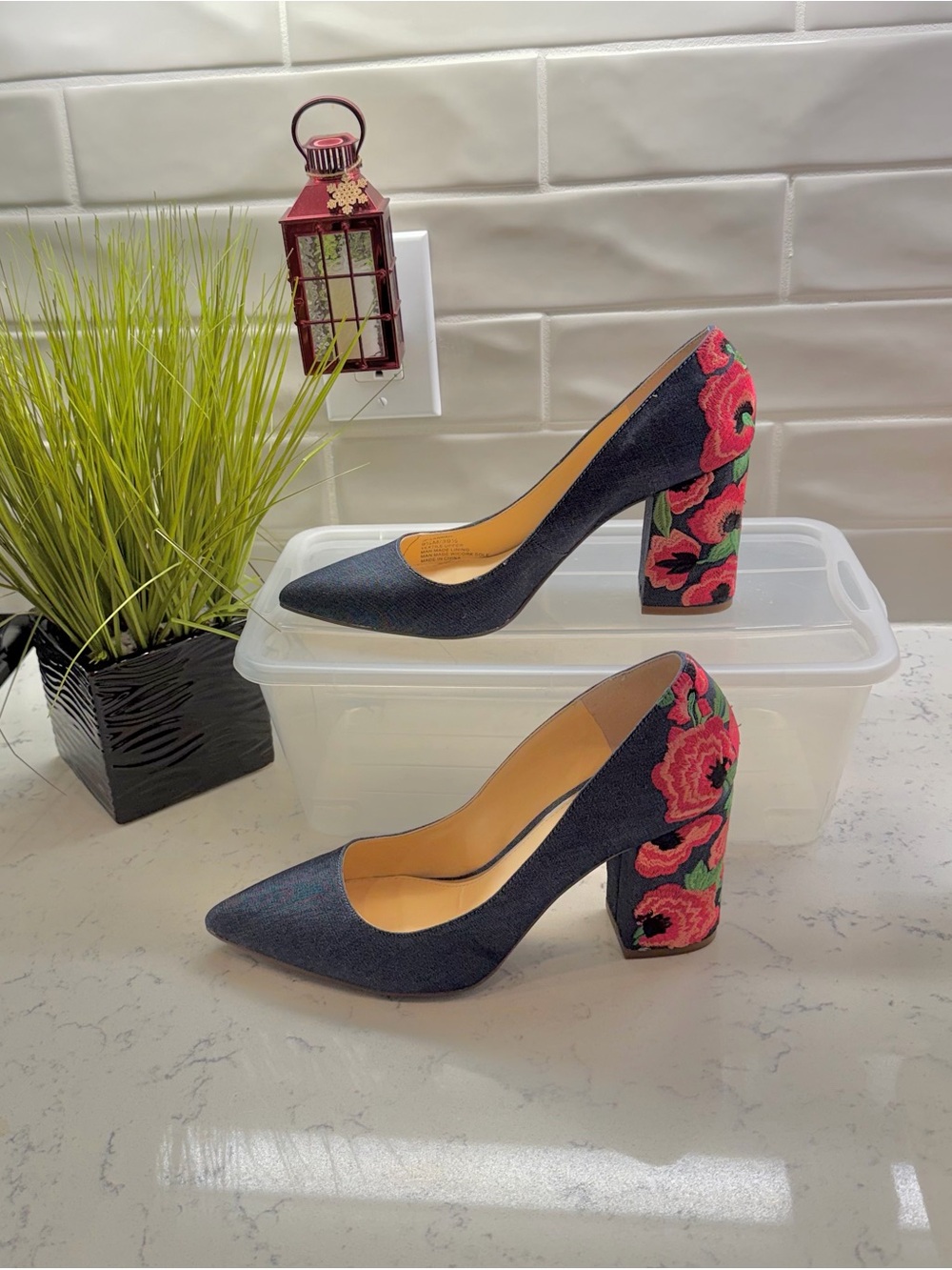 Jessica Simpson Navy Pumps with Red Floral Embroidered Block Heel